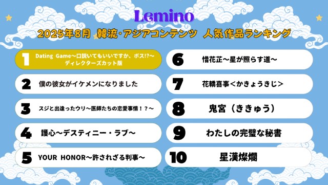 「Dating Game」が2か月連続1位！　Lemino8月韓流・アジア人気ランキング