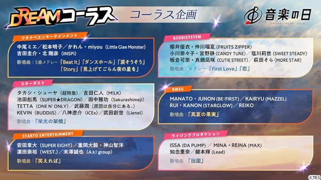「音楽の日2026」本日8時間生放送！　事務所の垣根を越えたダンス企画に長尺ライブも